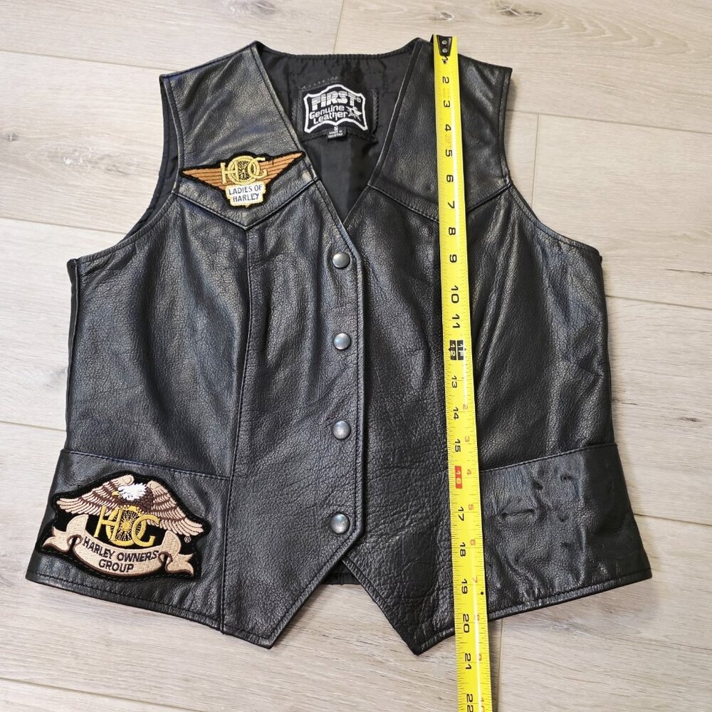 Vtg First Genuine Leather Ladies Harley Small Black Snap Button Vest Eagle Back - Picture 2 of 10